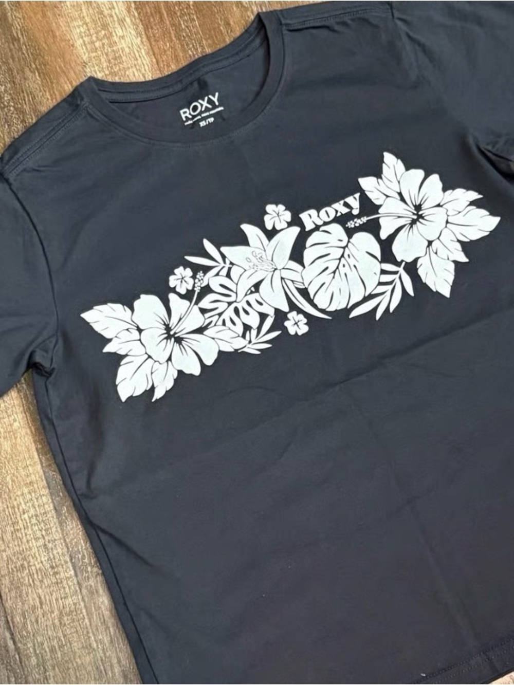 Roxy Black Tee with White Tropical Floral Print